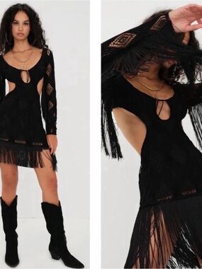 For love and Lemon Black Crochet Fringe Long-Sleeve Mini Dress with Open Back